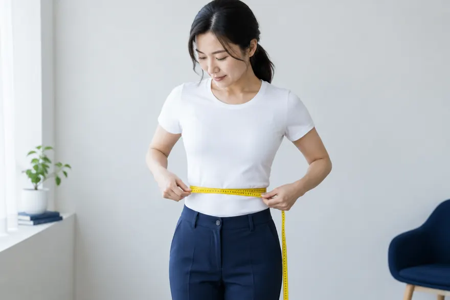 줄자를 배꼽 높이에 수평으로 둘러 허리둘레를 재는 모습