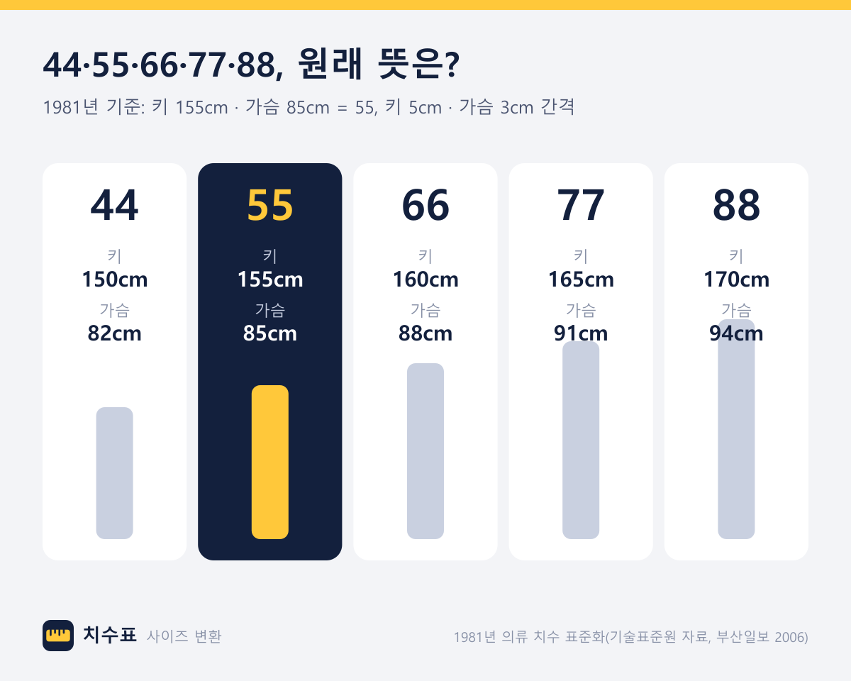 44·55·66·77·88 사이즈의 1981년 기준 키와 가슴둘레: 44 = 키 150·가슴 82, 55 = 키 155·가슴 85, 66 = 키 160·가슴 88, 77 = 키 165·가슴 91, 88 = 키 170·가슴 94cm